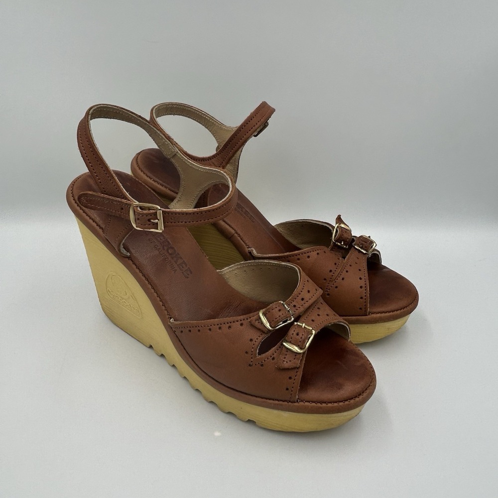 Cherokee Vintage Platform Wedge Sandals Women Size 7 Beige‎ Leather 70s 80s